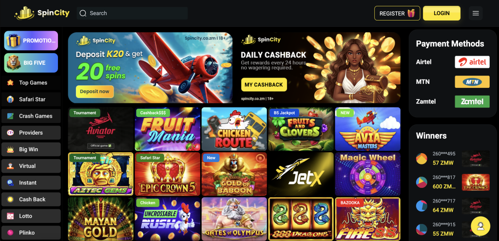 SpinCIty Zambia Online Casino Homepage image