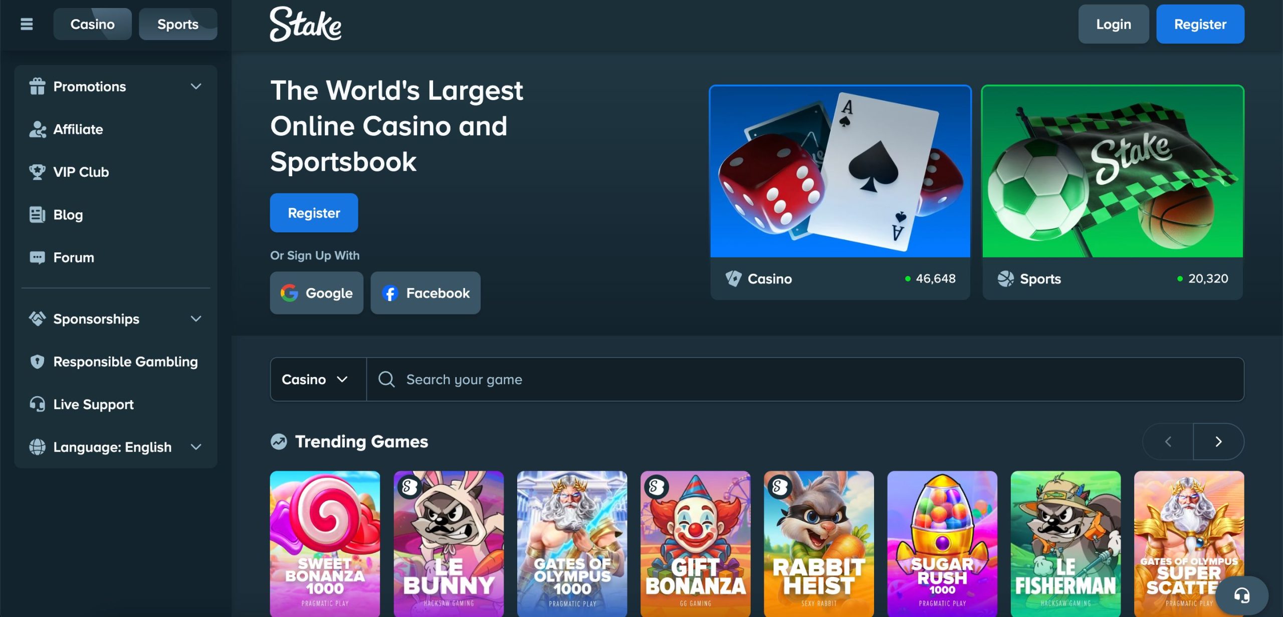 Stake Online Casino Homepage