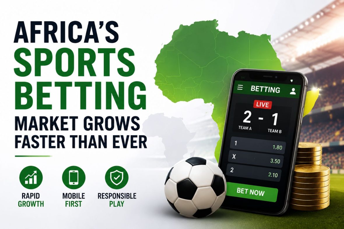 Africa sports betting market cover image featuring a betting smartphone, Africa map, football, and gold coins.