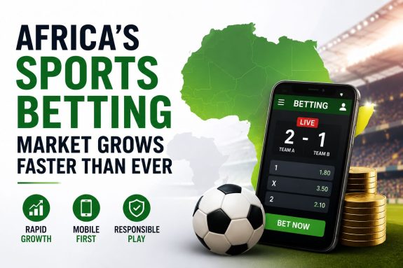 Africa sports betting market cover image featuring a betting smartphone, Africa map, football, and gold coins.