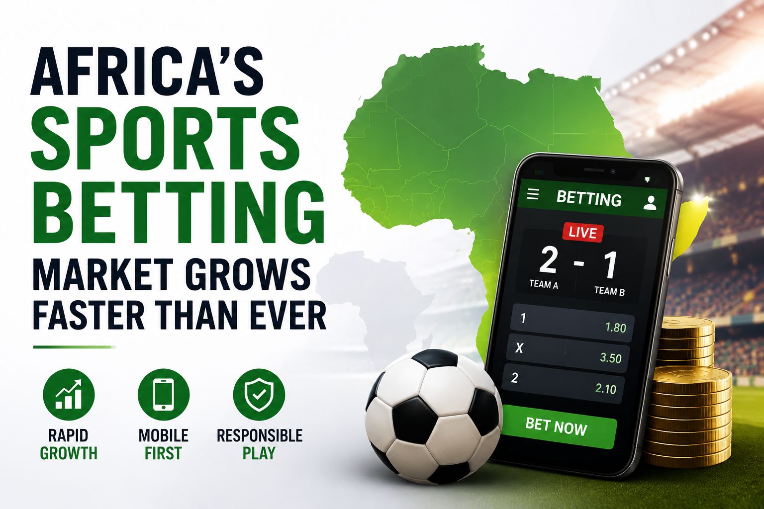 Africa sports betting market cover image featuring a betting smartphone, Africa map, football, and gold coins.