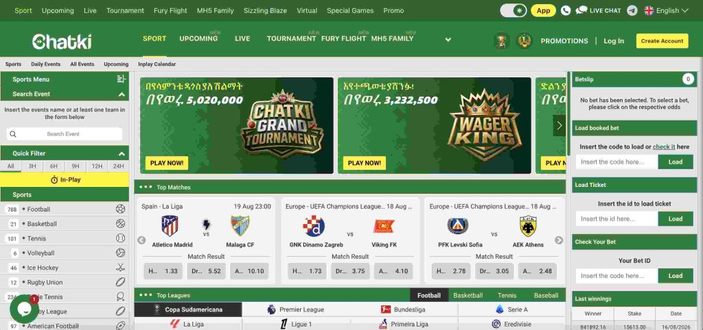 Chatki Bet homepage screen showing the online casino interface and available betting options